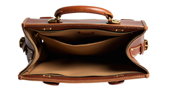 Vintage distressed leather briefcase with brass hardware and handle isolated on transparent background