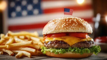 Close up of a burger with american flag and fries on a wooden surface with flag background