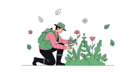 Man Gardening Spring Flowers Cutting Plants With Pruners Enjoying Outdoor Hobby