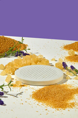 Brown sugar and lavender on a white plate, arranged artistically to represent the key elements of a...