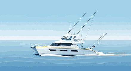Naklejka premium Luxury Sport Fishing Yacht Sailing On Calm Waters With Fishing Rods