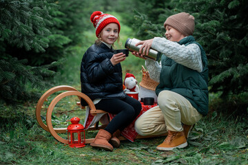Cute little children decorating Christmas tree in the forest and drinking hot tea. Winter holidays,...