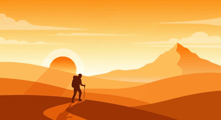 Man Hiking At Sunset In The Desert, Minimalist Vector Landscape Illustration