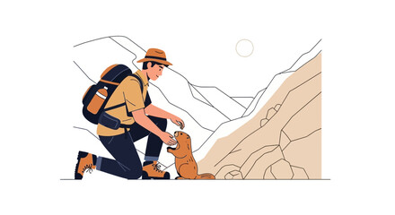 Man Hiking Interacting With Marmot Against Mountain Scenery On Sunny Day