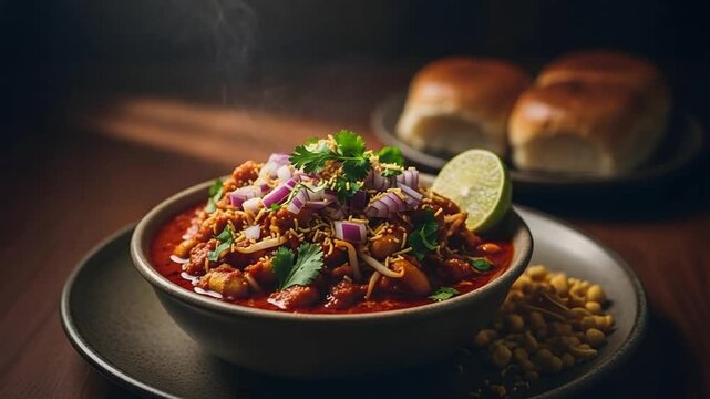 Spicy Indian misal curry with onion, coriander, lime served with bread rolls and chickpeas herbs
