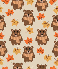 Autumn bear pattern on a brown background.