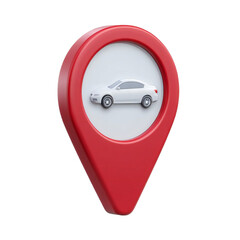 A 3d render of a red map pin with a white car inside, isolated on a transparent background, symbolizing car location, navigation, and travel
