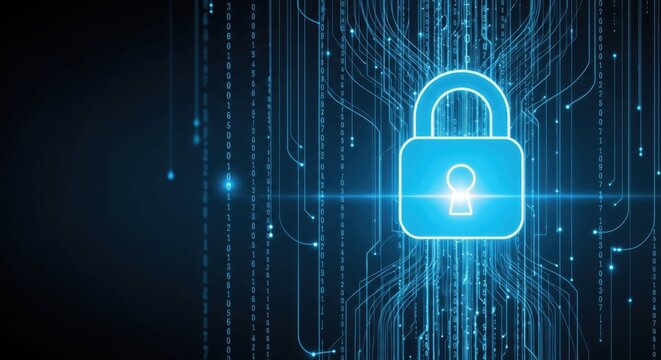 Digital Security Lock with Binary Code and Futuristic Circuit Board Design Cyber Security Concept Illustration