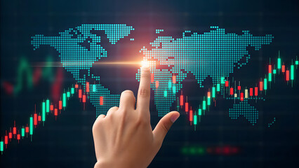 Hand touching digital world map with stock market graph overlay
