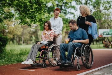 Fototapeta premium Two individuals in wheelchairs accompanied by friends spending time in a park, enjoying refreshing drinks and the outdoor ambiance, representing inclusivity and joyful social moments.