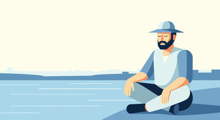 Man Meditating By The Lakeside In Serene Blue Hues At Peace