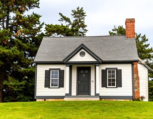 Obraz premium A classic small white house with black shutters and a grey roof, nestled in a green lawn with trees in the background, exuding a charming, traditional American aesthetic.