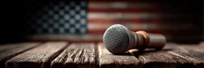 Obraz premium Vintage microphone positioned on wooden table in front of American flag backdrop during musical performance