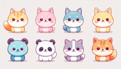 A charming collection of cute kawaii chibi animal characters. Adorable set of cartoon pets including a cat, dog, panda, and bear for design projects.