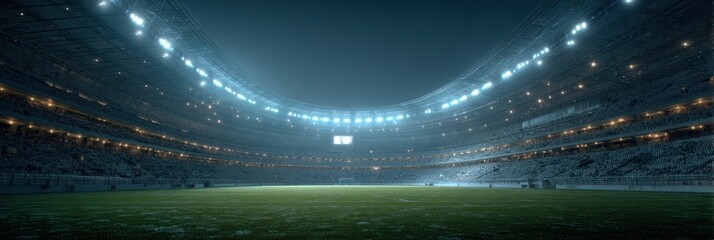 Exciting evening at a packed stadium during a thrilling sports event with bright lights illuminating the field
