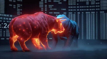Stock Market Showdown: Captivating depiction of a bull and bear engaged in an epic clash, embodying the fluctuating dynamics of the financial market and the spirited battle of stock value.