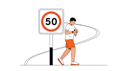Man Checks Watch During Outdoor Exercise Near Speed Limit Signage
