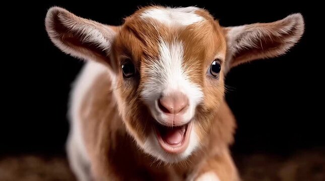 Joyful Goat: This is a captivating shot of a cheerful goat with bright, expressive eyes and a gentle smile, symbolizing purity, warmth, and innocence.
