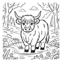 Highland Cow in Forest Stream | Coloring Page Vector