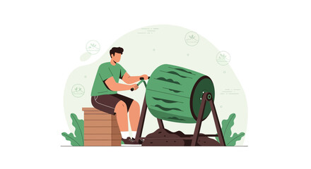 Man composting with a tumbler to recycle organic waste and promote sustainability lifestyle