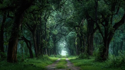 Fototapeta premium A captivating forest scene unfolds, with towering trees framing a pathway that leads towards a luminous, ethereal light, creating a sense of mystery and tranquility within the natural environment.
