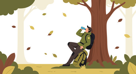 Man Drinking Water After Hiking In Forest Under Tree Relaxing Vacation