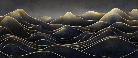 A line art design of mountains with thin gold lines on a dark grey background