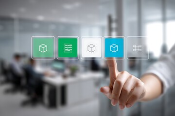 Hand interacting with digital interface selecting options in office setting