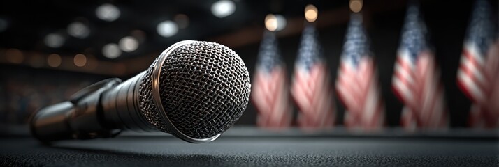 Obraz premium Microphone positioned on stage with American flags in the background during a political event in the evening