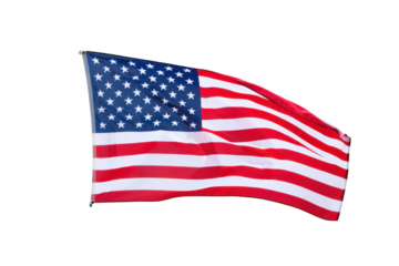 Patriotic American flag with stars and stripes, a national symbol of freedom, waving against a white background