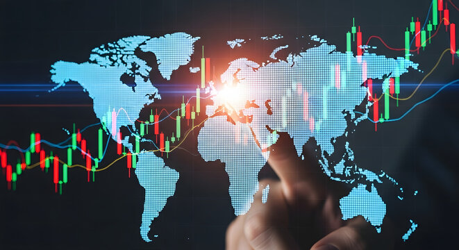 Global financial markets and economic growth displayed on world map
