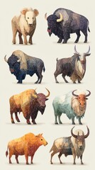 Obraz premium Collection of stylized low-poly animal illustrations showcasing various bison and buffalo types against a neutral background
