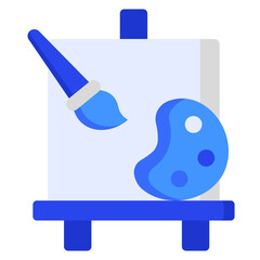 Blue icon of an artist's easel with a canvas, paintbrush, and palette. Symbol for creativity, painting, and artistic hobbies.