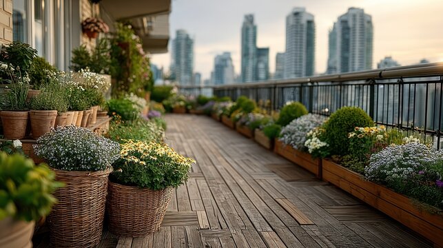 Urban balcony garden at sunset
