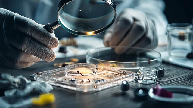 A forensic entomologist using magnifying glass to analyze insect samples on a lab tray with evidence tags, high-contrast lighting.