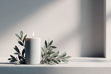 minimalist atmosphere of christmas celebration in usa featuring single candle on pristine white table