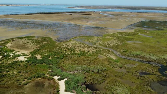 Ria Formosa with riverbed exposed at low tide in Algarve, Portugal