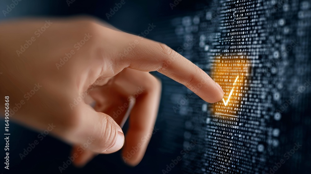 Poster hand touches high tech digital interface with confirmation check mark and abstract code background