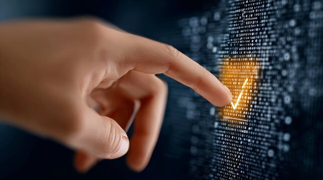 Hand Touches High Tech Digital Interface with Confirmation Check Mark and Abstract Code Background