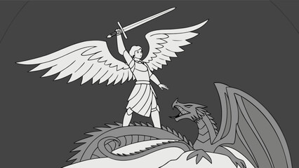 St michael slaying dragon vector illustration, angel warrior with sword, religious artwork design