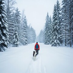 Winter Hike Through Snowy Forest with Husky Dog