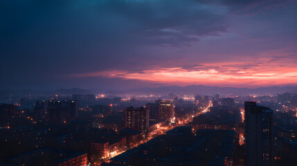 Fototapeta premium Serene Dusk View of Cityscape Illuminating the Horizon with Soft Twilight Colors Against an Urban Skyline Silhouette, Capturing a Peaceful Evening Ambiance