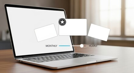 Laptop display showing pricing comparison between monthly and yearly subscriptions highlighting the benefits of annual plans for consumers