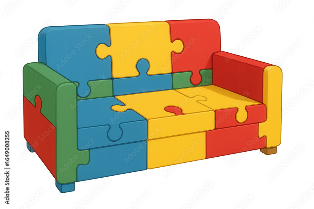 Poster colorful jigsaw puzzle pieces assembling sofa shape, symbolizing creative problem-solving and modula