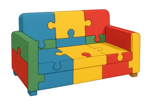 Colorful jigsaw puzzle pieces assembling sofa shape, symbolizing creative problem-solving and modular furniture design against transparent backdrop - Powered by Adobe