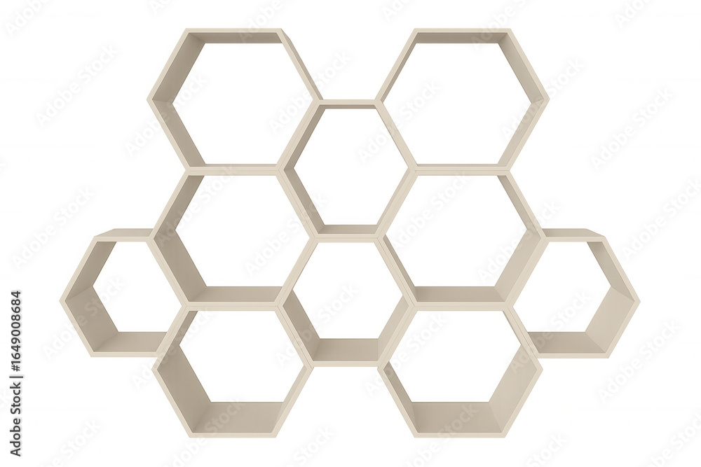 Poster minimalist hexagonal shelving creating honeycomb pattern, geometric wall decor with clean lines disp