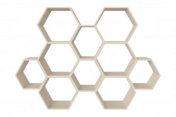 Minimalist hexagonal shelving creating honeycomb pattern, geometric wall decor with clean lines displaying potential for contemporary home styling