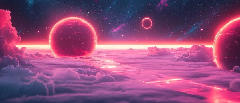 A mesmerizing cosmic landscape featuring two radiant pink planets above a sea of clouds under a starlit sky. This otherworldly scene evokes a sense of serenity and wonder.