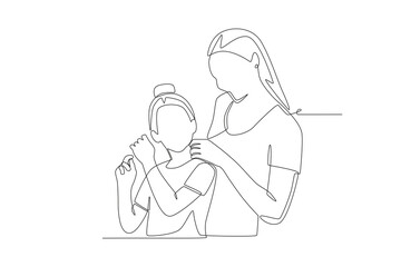 Mother touching her daughter. Mother and daughter concept one-line drawing
