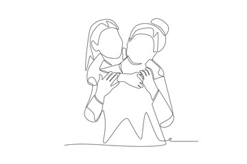 Daughter hugs her mother. Mother and daughter concept one-line drawing